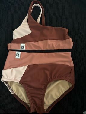 Simply Be CM. Colorblock Girls' Two-Piece One-Shoulder Swim Set in Brown & Beige